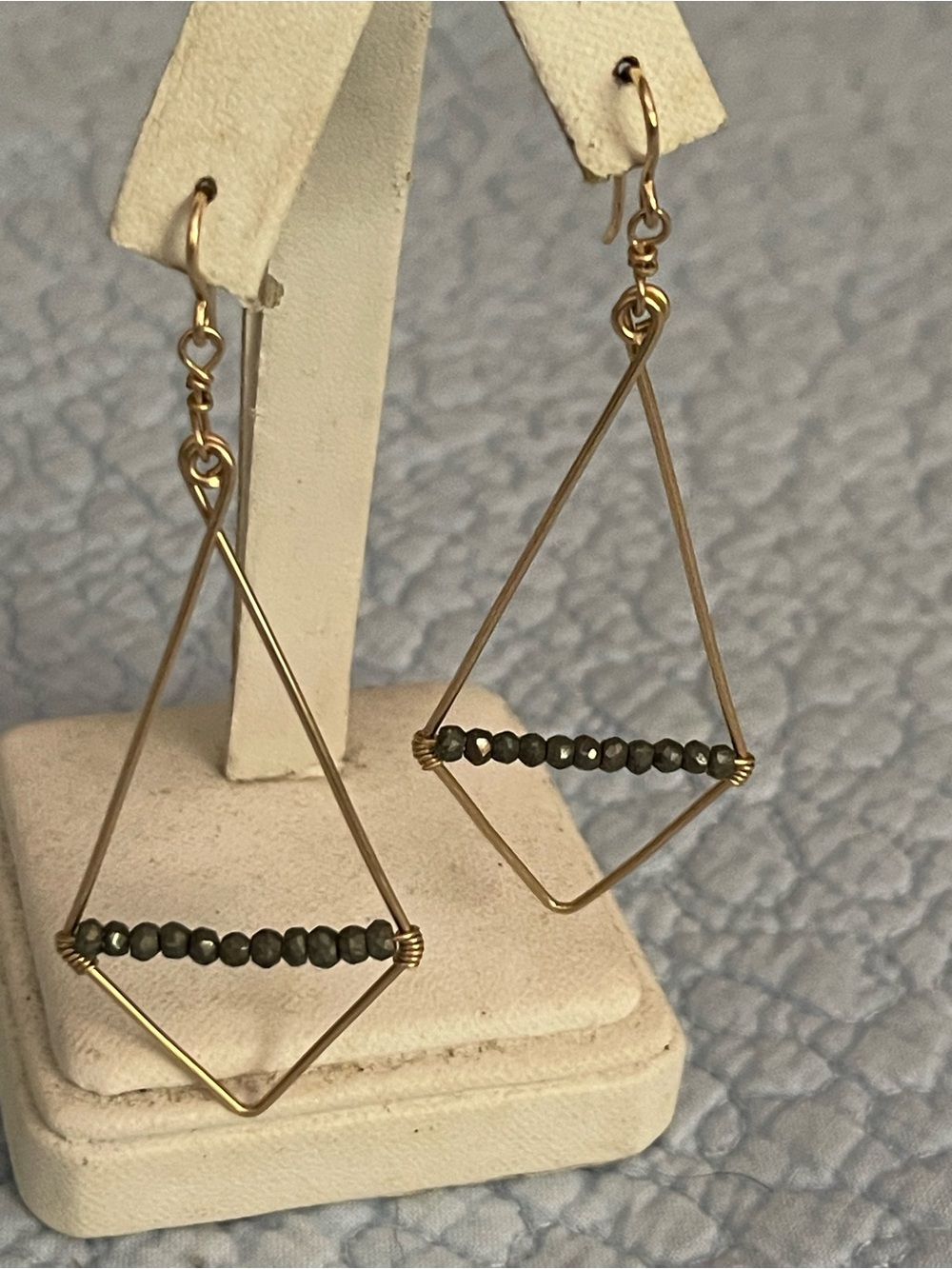 Gold Geometric Teardrop Earrings with Black Beaded Accent